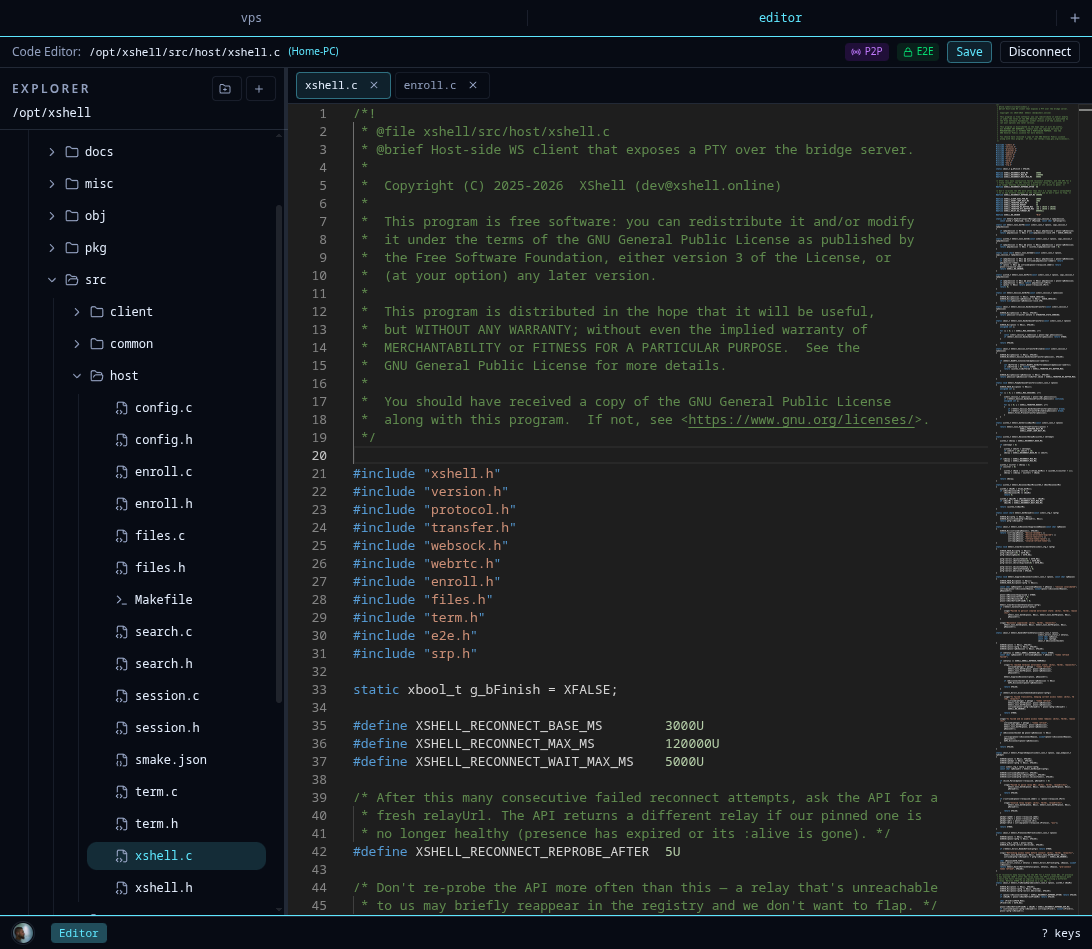 XShell browser code editor with file tree and P2P/E2E status badges