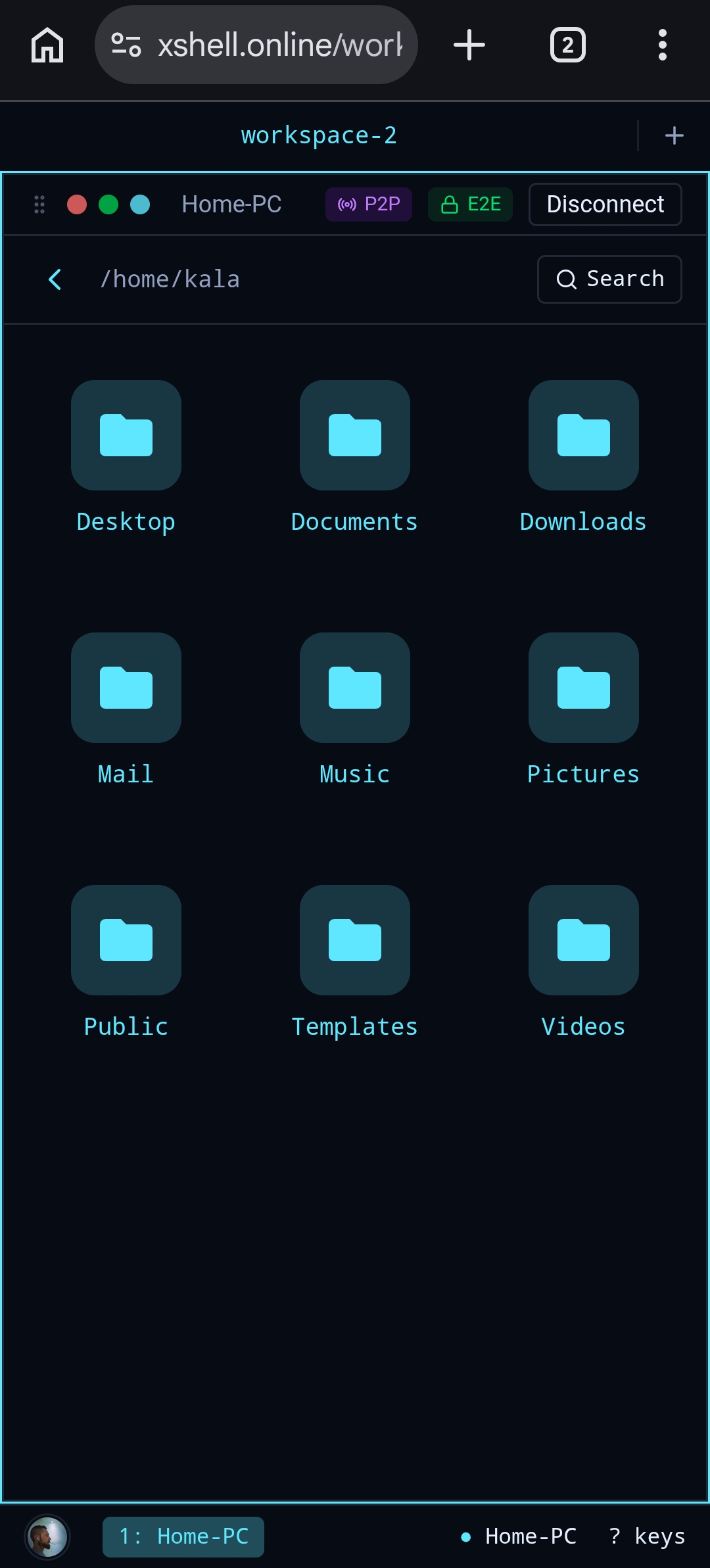 XShell mobile file manager showing Home-PC folders