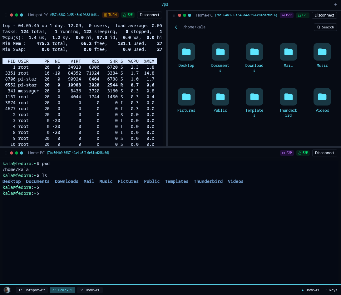 XShell workspace with multiple sessions in split panes — terminal, file manager, and process monitor — each showing its transport mode and end-to-end encryption status